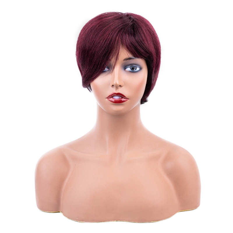 Straight Wine Red Color Machine-made Wig - 图片 2
